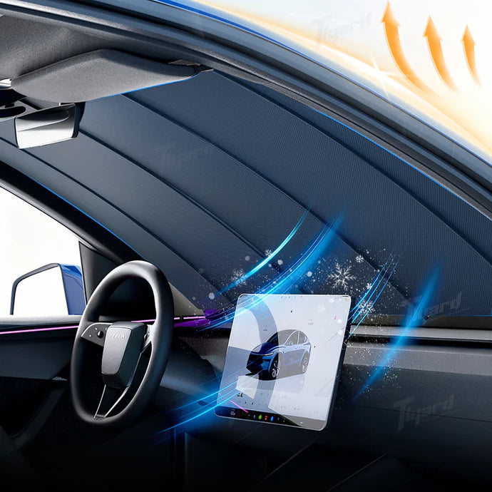 Patented automatic sunshade designed for Tesla. One‑button control, OBD powered, plug‑and‑play, no modifications needed.