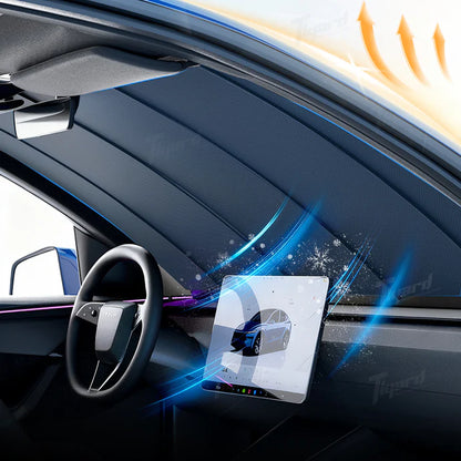 Patented automatic sunshade designed for Tesla. One‑button control, OBD powered, plug‑and‑play, no modifications needed.