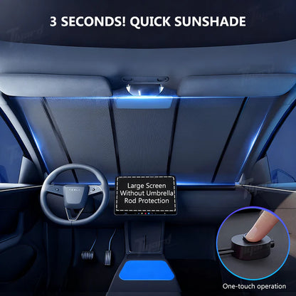 Patented automatic sunshade designed for Tesla. One‑button control, OBD powered, plug‑and‑play, no modifications needed.