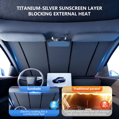 Patented automatic sunshade designed for Tesla. One‑button control, OBD powered, plug‑and‑play, no modifications needed.