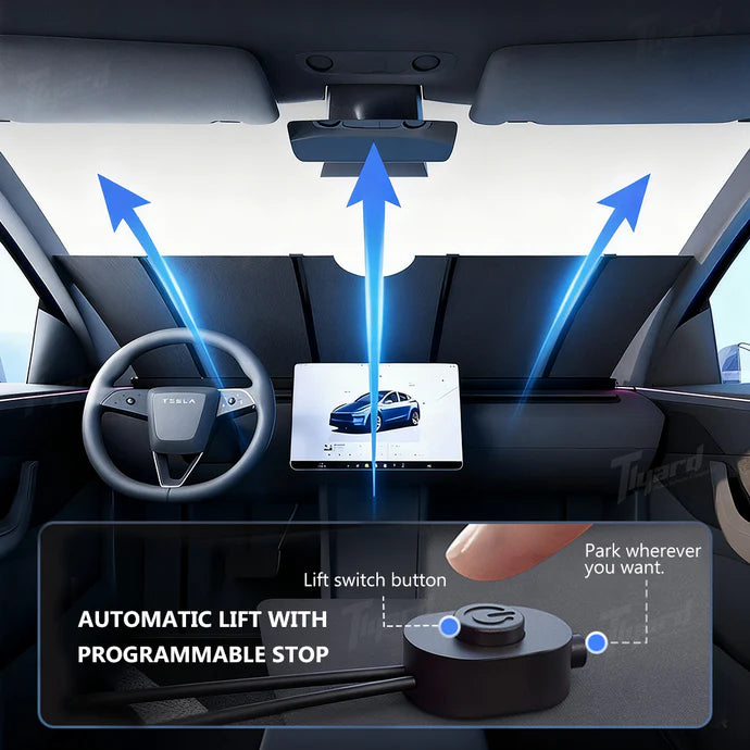 Patented automatic sunshade designed for Tesla. One‑button control, OBD powered, plug‑and‑play, no modifications needed.
