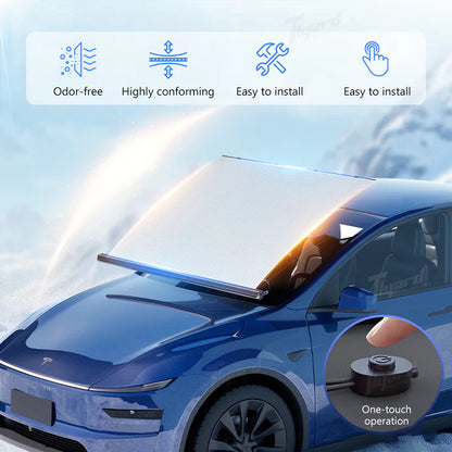Patented automatic sunshade designed for Tesla. One‑button control, OBD powered, plug‑and‑play, no modifications needed.